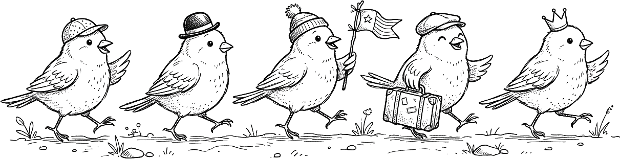 Ink drawing of five small birds in hats marching along, one carrying a flag and one a suitcase.